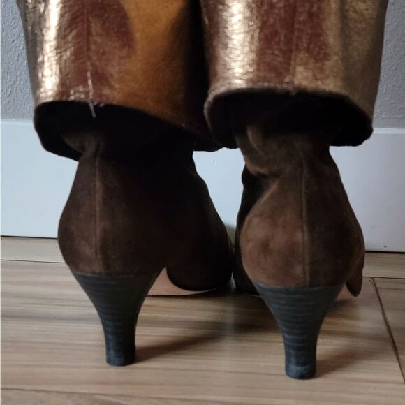 Cynthia Vincent Metallic Suede Leather Over the Knee Boots in Brown & Gold - Picture 6 of 15